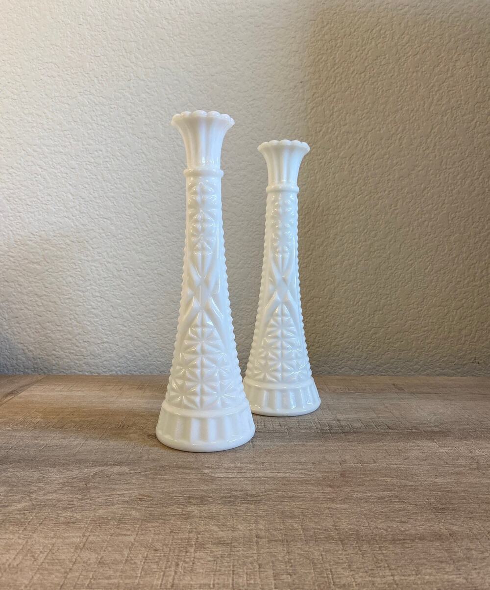 A Pair of Vintage Milk Glass Stars and Bars Bud Vases